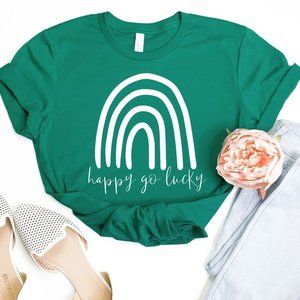 Womens Happy Go Lucky Rainbow Green T shirt NEW
